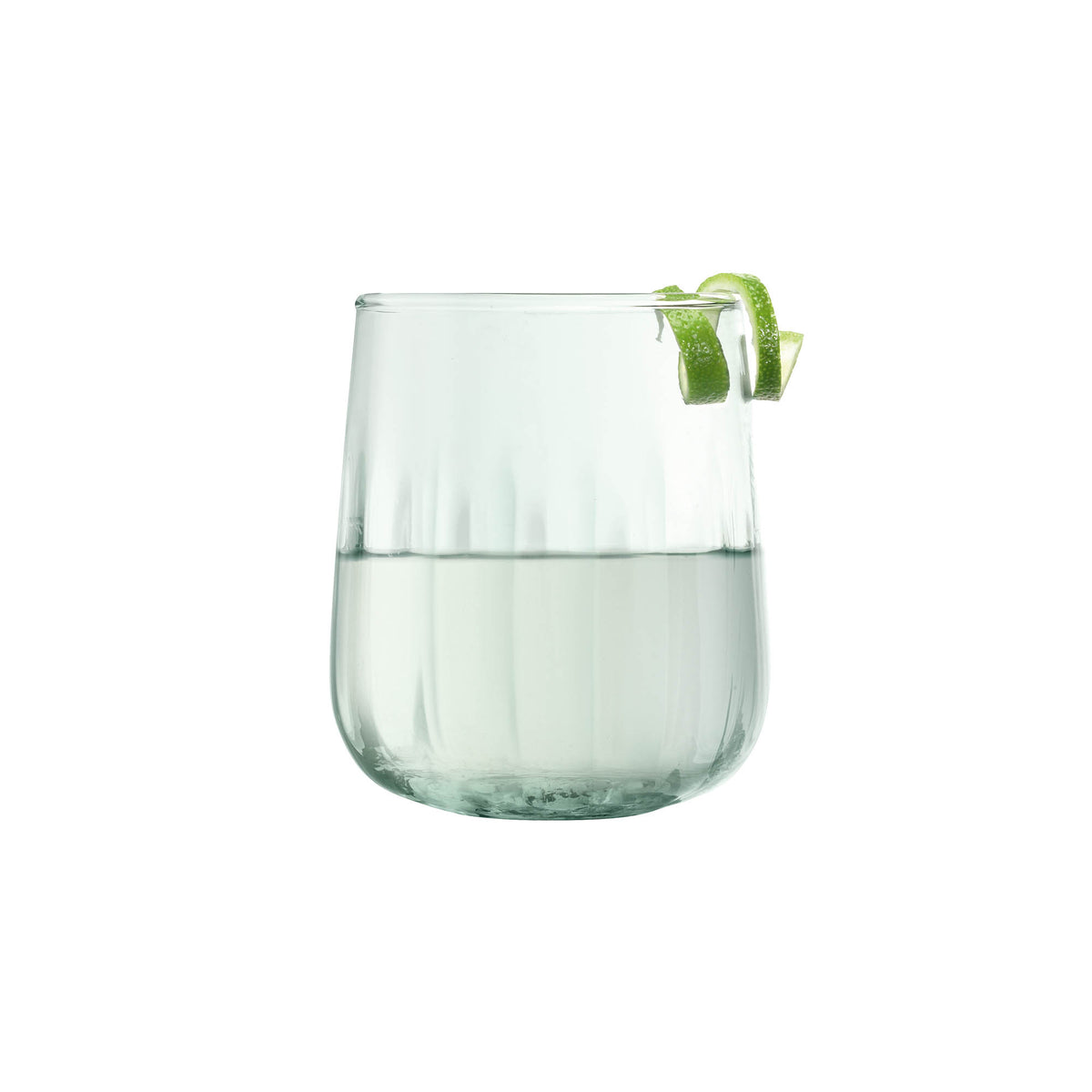 Set of four LSA Mia 410ml recycled glass tumblers with optical design, perfect for stylish drinking and eco-friendly use.
