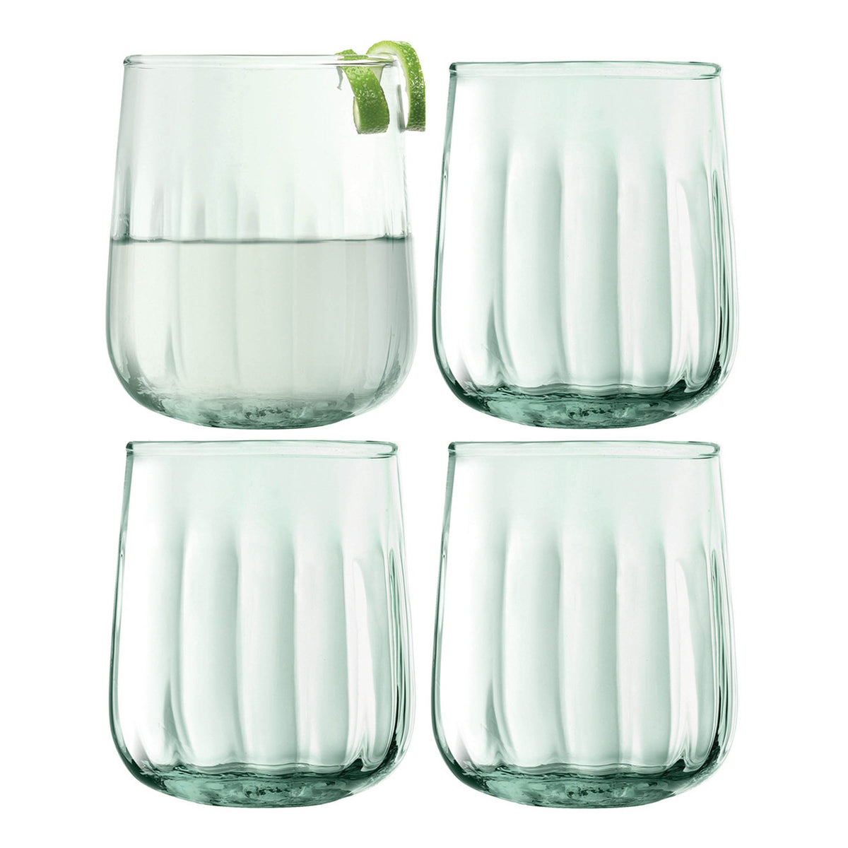 Set of four LSA Mia tumblers, 410ml recycled glass with optic design, perfect for beverages and stylish table settings.