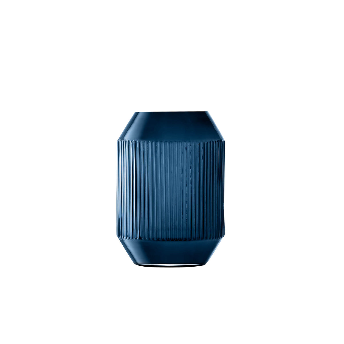 LSA Rotunda Lantern Vase in sapphire glass, 26cm tall with a rounded design and open top for floral arrangements.