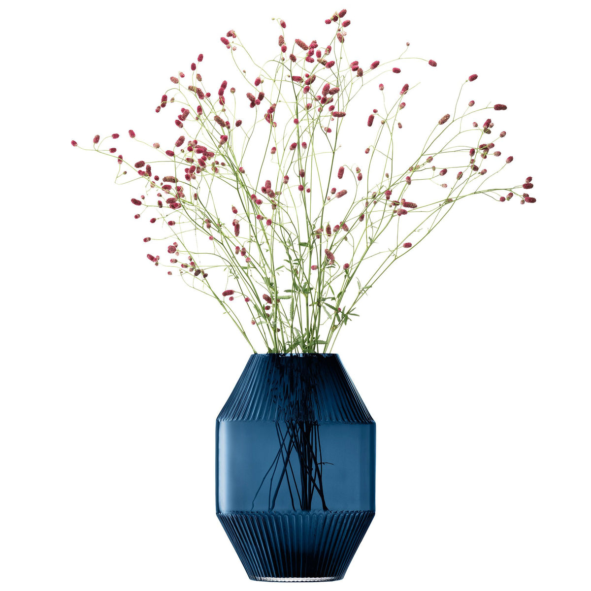 LSA Rotunda vase in sapphire glass, 37cm tall, featuring a smooth rounded design ideal for elegant floral displays.