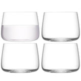 Set of four clear LSA Metropolitan stemless wine glasses, 360ml capacity, with sleek modern design.