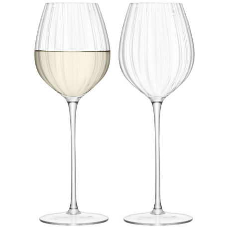 Two clear LSA Aurelia white wine glasses with 430ml capacity, featuring elegant optic design, on a plain background.