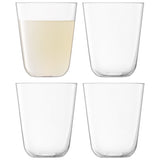 Set of four clear LSA Tumbler ARC glasses, 380ml capacity, showcasing sleek, modern design on a clean surface.
