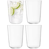 Set of four clear LSA Tumbler ARC glasses, 550ml capacity, made of glass, ideal for beverages, shown in a natural setting.