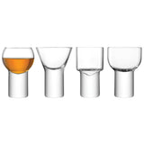 Set of four LSA Boris liqueur glasses, clear 60-90ml, with assorted shapes, designed for serving small liqueur drinks.