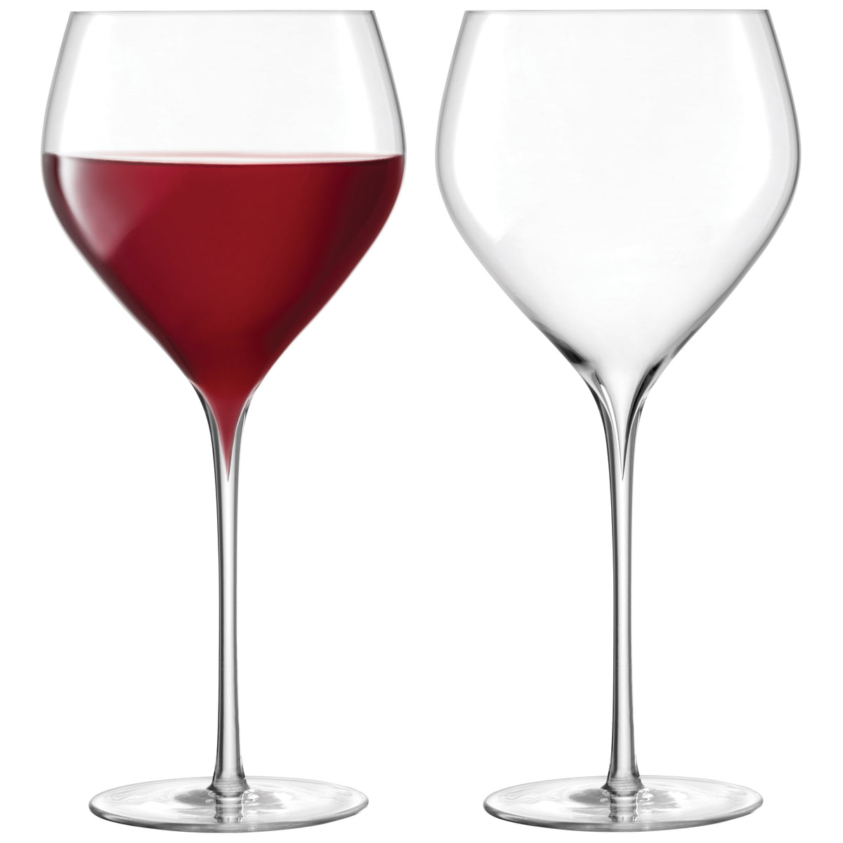 Set of two clear LSA Savoy red wine glasses with 590ml capacity, elegant design for serving red wines.