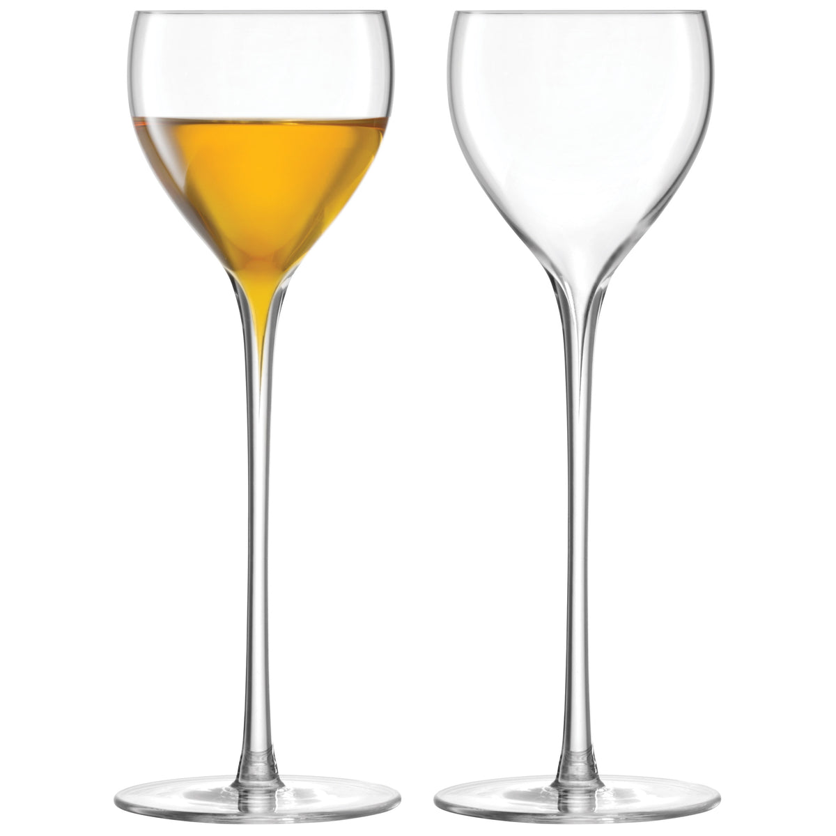 Pair of clear LSA Savoy liqueur glasses, 110ml capacity, elegant design, perfect for serving liqueurs and spirits.
