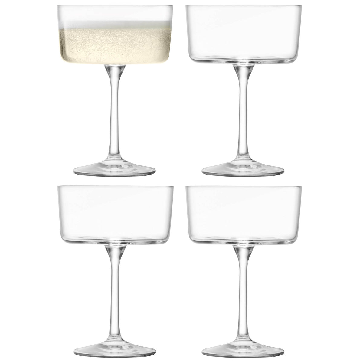Set of four LSA Gio champagne and cocktail glasses, 230ml clear glass, elegant stemware for drinks and celebrations.
