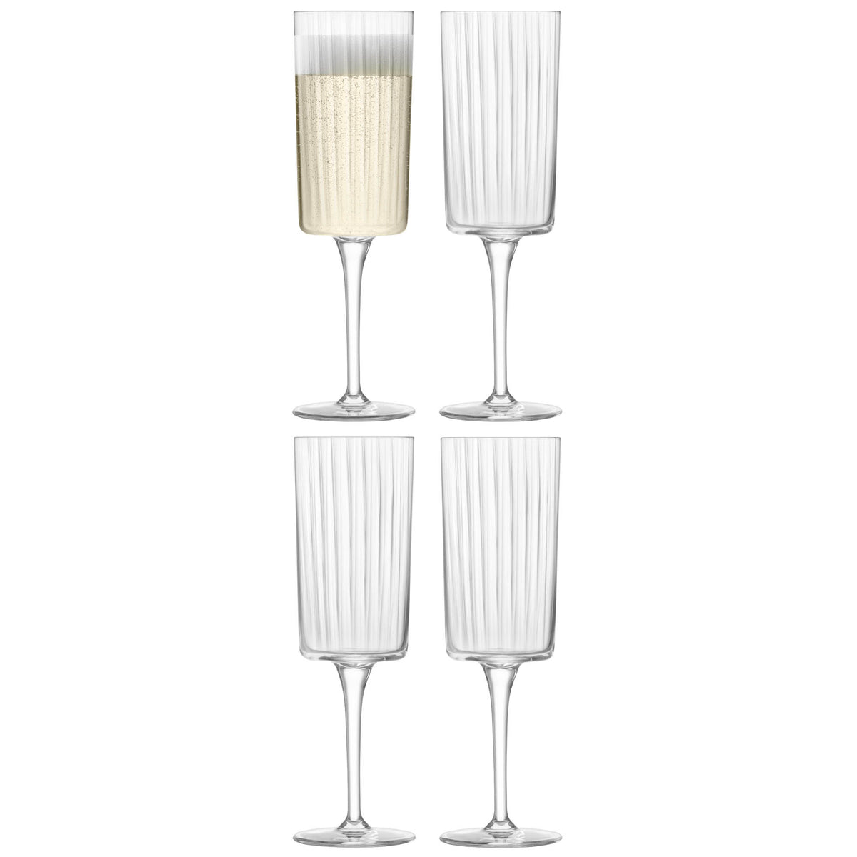 Set of four clear LSA Gio Line champagne flutes, 210ml Sektglas with elegant design for celebratory drinks.