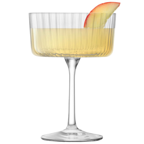 Set of four clear LSA Gio Line champagne glasses, 230ml, designed for champagne and cocktails, with sleek modern style.