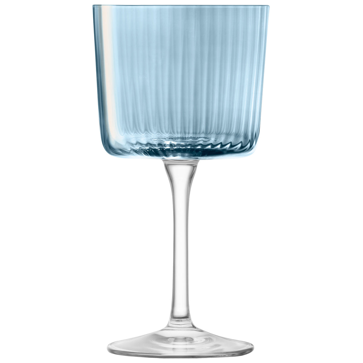Set of four LSA GEMS ocean-colored wine glasses with elegant, clear glass design perfect for enjoying wine.