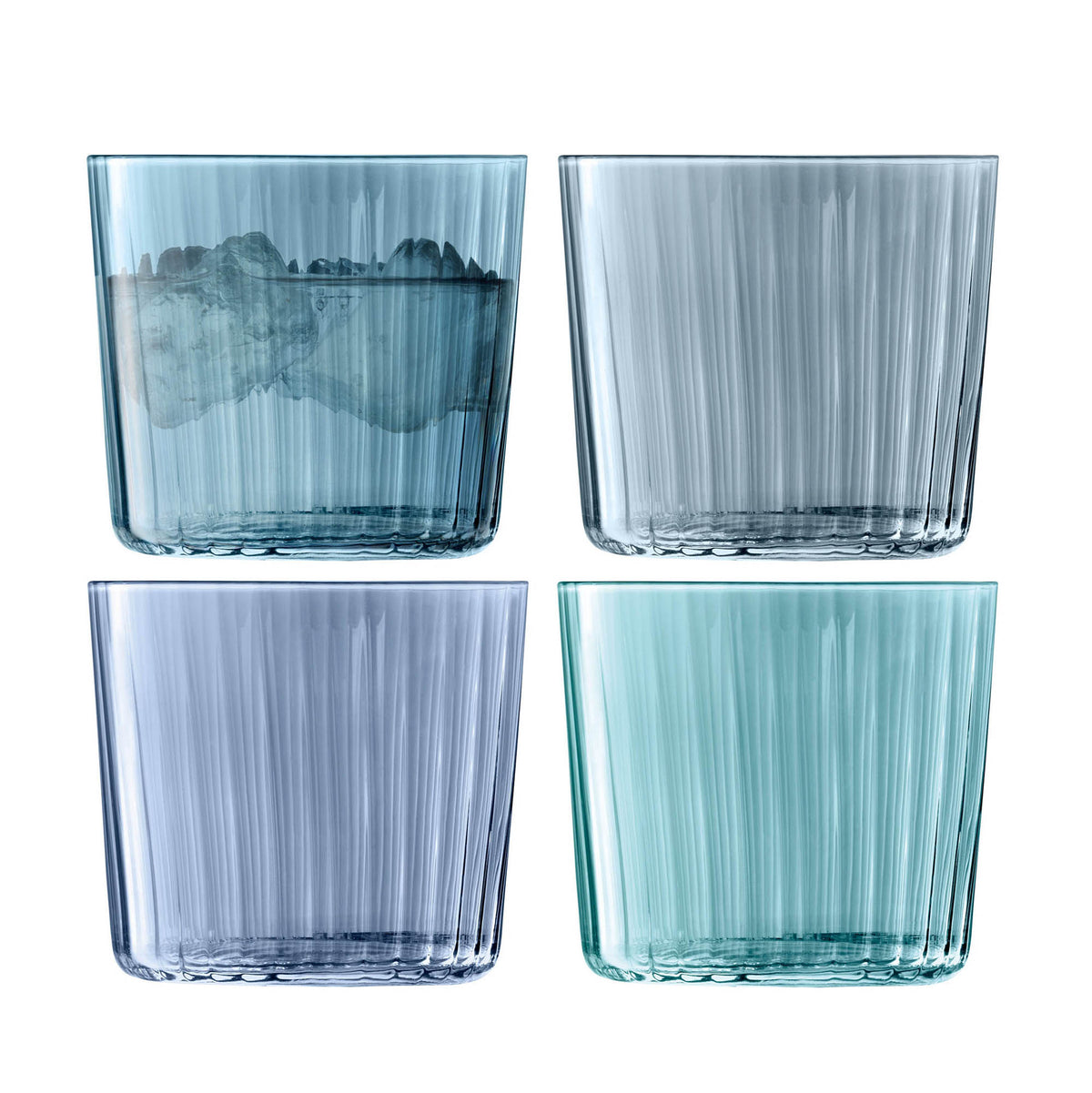 Set of four LSA Gems tumblers, 310ml each, with assorted sapphire-colored glass, ideal for beverages.