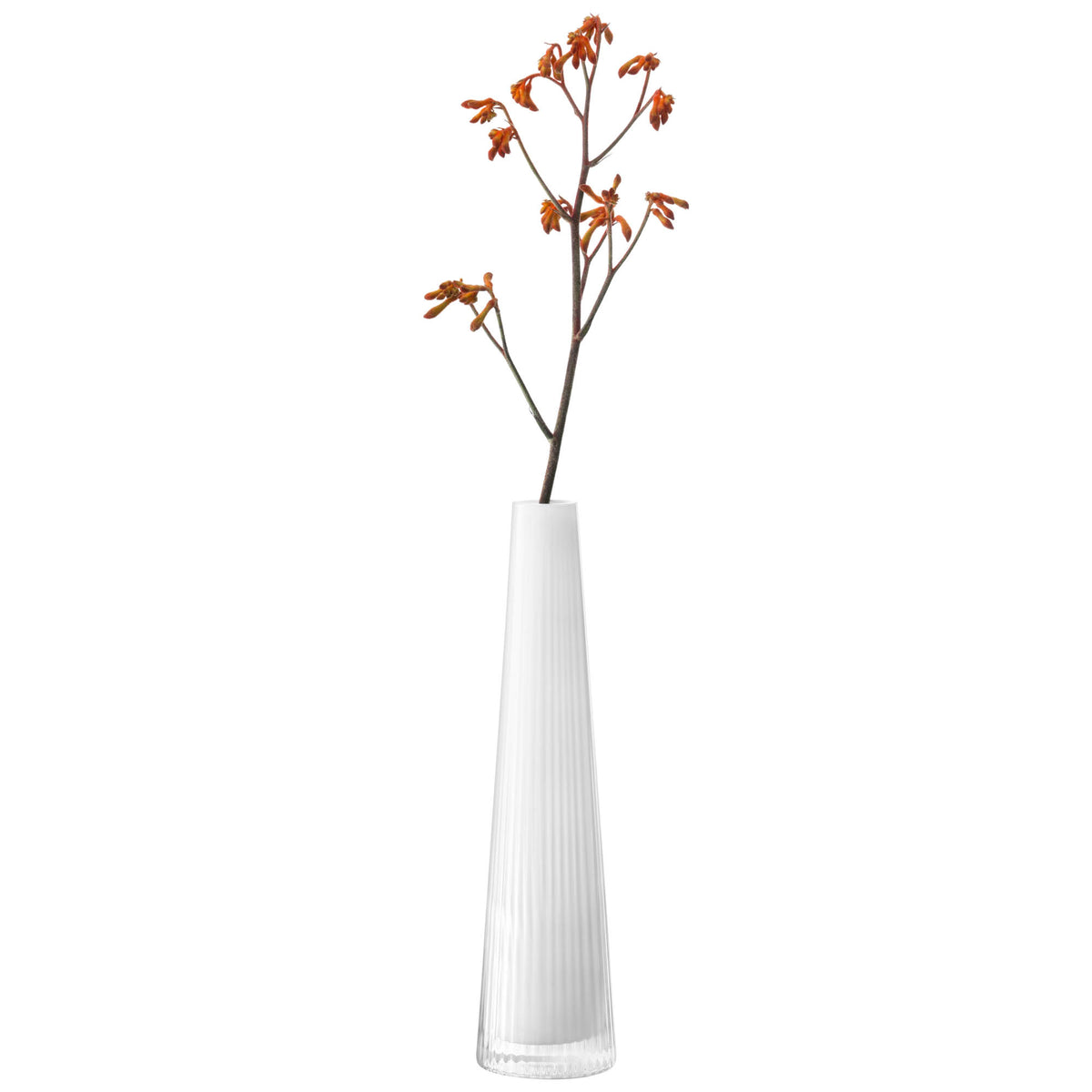 White LSA Beacon candle holder and vase with chalk white finish, featuring a sleek, modern design and a height of 34cm.