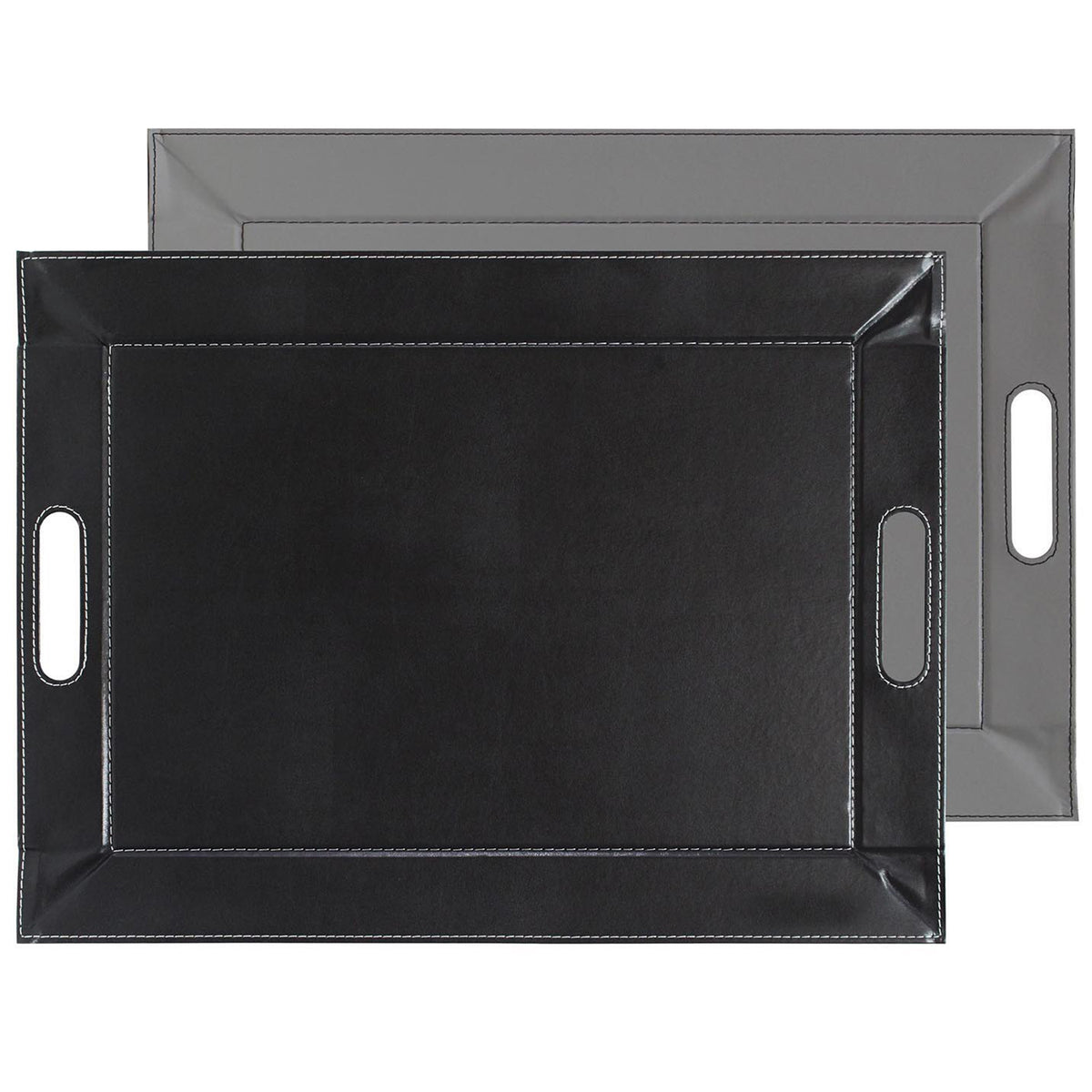 FREEFORM DUO tablet tray in gray and black with a modern, dual-compartment design, perfect for organizing items.