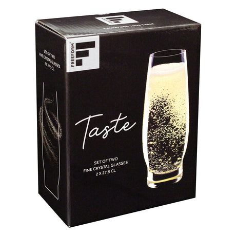 Set of two clear FREEFORM Sekt-Glas champagne flutes, 275 ml capacity, with elegant elongated shape.