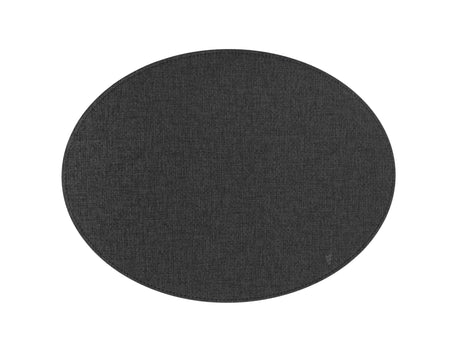 Oval black textile table mat from FREEFORM, measuring 45 x 34 cm, shown on a dining table.