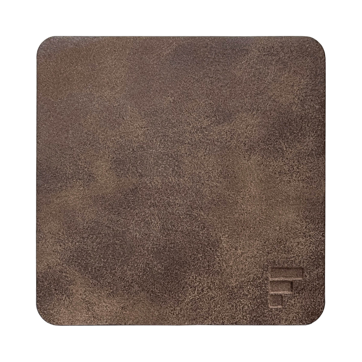 FREEFORM FLEXI leather-look coaster set with four round drink coasters on a wooden table.