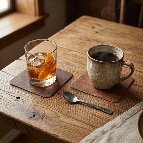 Set of four FREEFORM FLEXI coasters in leather-look design, perfect for protecting surfaces from drinks.
