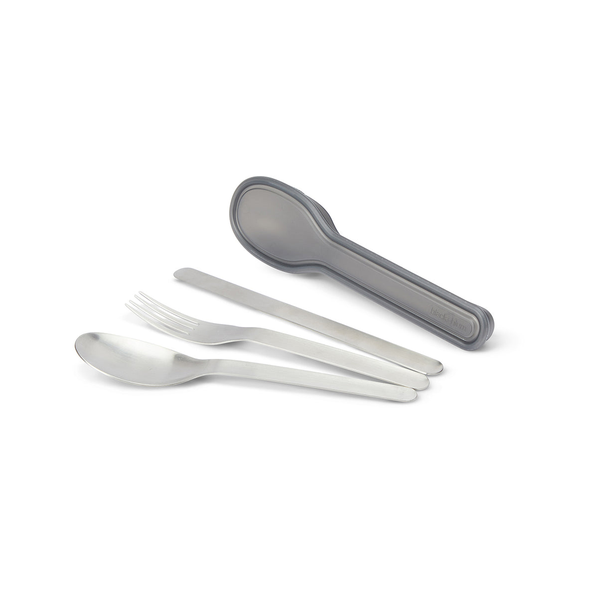 BLACK+BLUM stainless steel TO-GO lunch cutlery set with fork, knife, and spoon for portable meals.