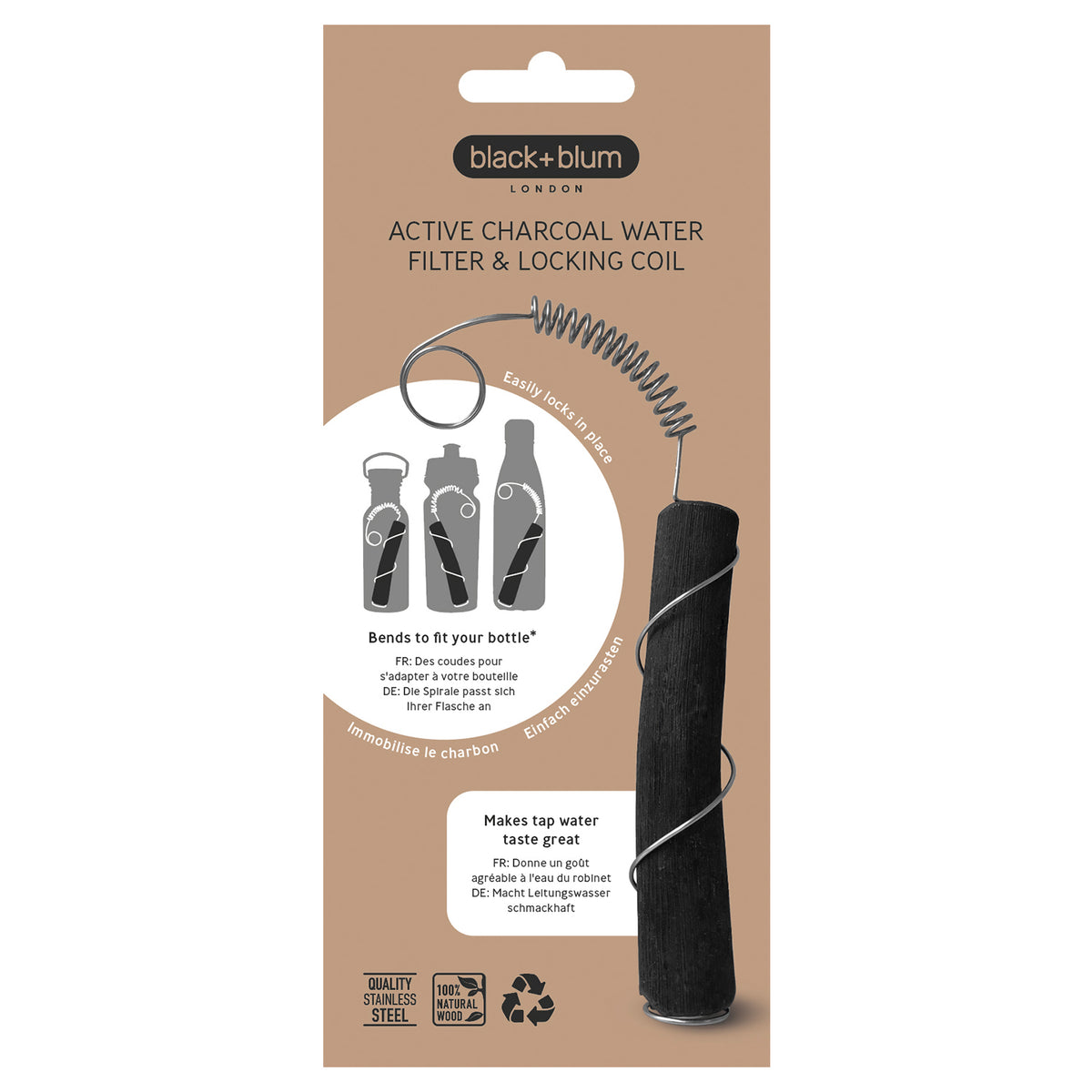 Black+Blum Aktivkohlefilter Caracol in schwarz, compact charcoal filter for water purification, shown in close-up.