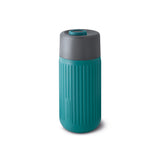 Black+Blum blue TO-GO glass coffee mug with lid, portable reusable Kaffeebecher for hot beverages.