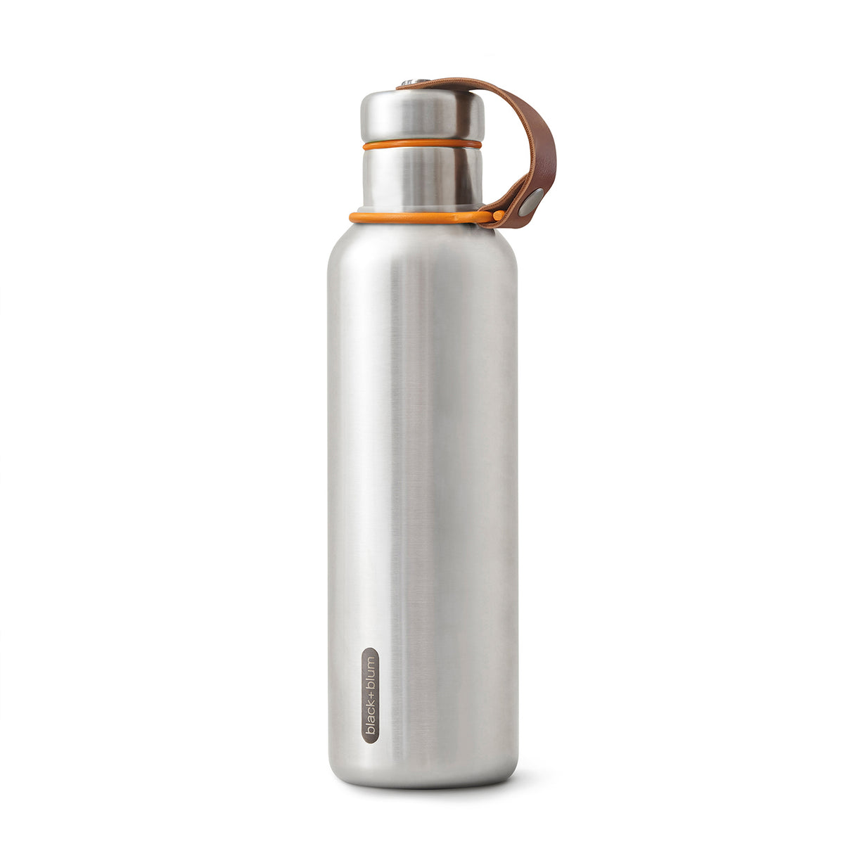 Black+Blum original insulated bottle showing stainless steel body and black screw-on lid, designed for hot or cold drinks.