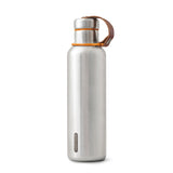 Black+Blum original insulated bottle showing stainless steel body and black screw-on lid, designed for hot or cold drinks.