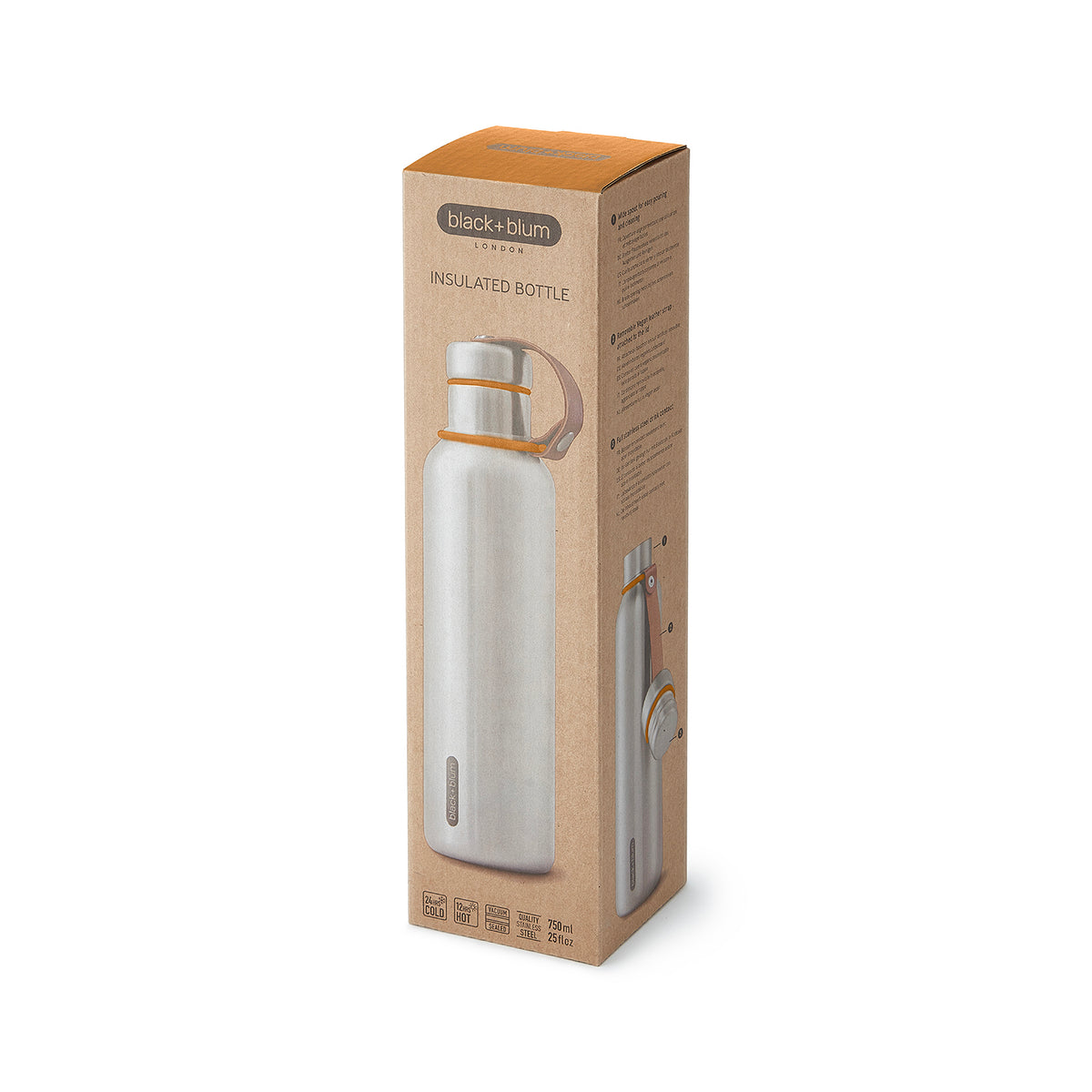 BLACK+BLUM original insulated bottle showing sleek black design with stainless steel lid and double-walled construction.