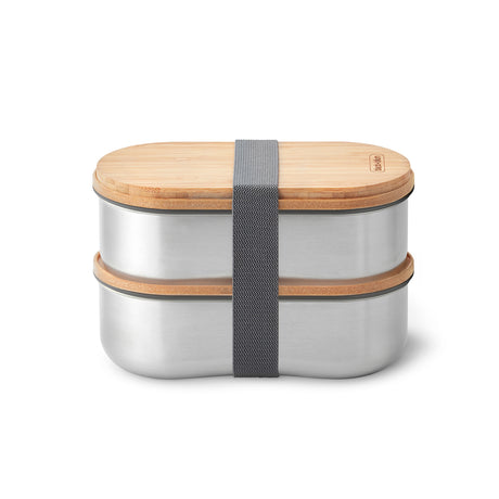 BLACK+BLUM classic silver bentobox with two 500ml compartments for lunch or meal storage.