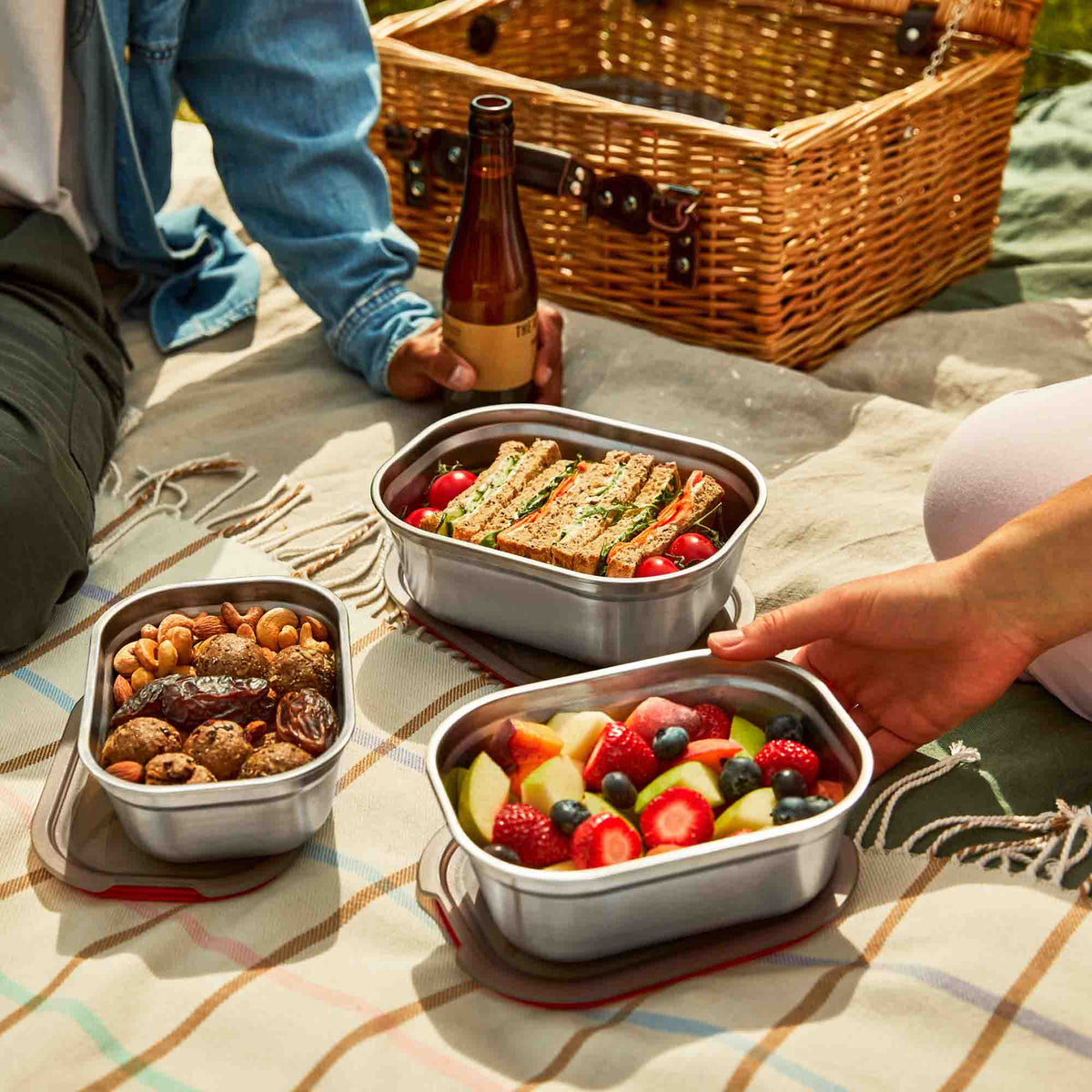 Black+Blum stainless steel rectangular multifunctional storage container with a sleek design and secure lid.