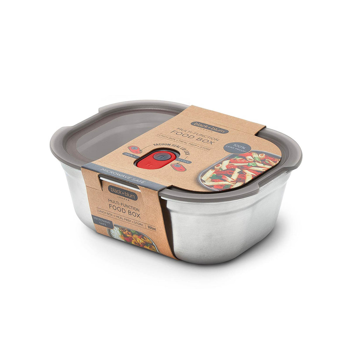 Black+Blum stainless steel multifunctional storage box, rectangular shape with secure lid, ideal for kitchen or pantry use.