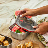 BLACK+BLUM stainless steel rectangular multifunctional storage tin with lid, ideal for kitchen organization.