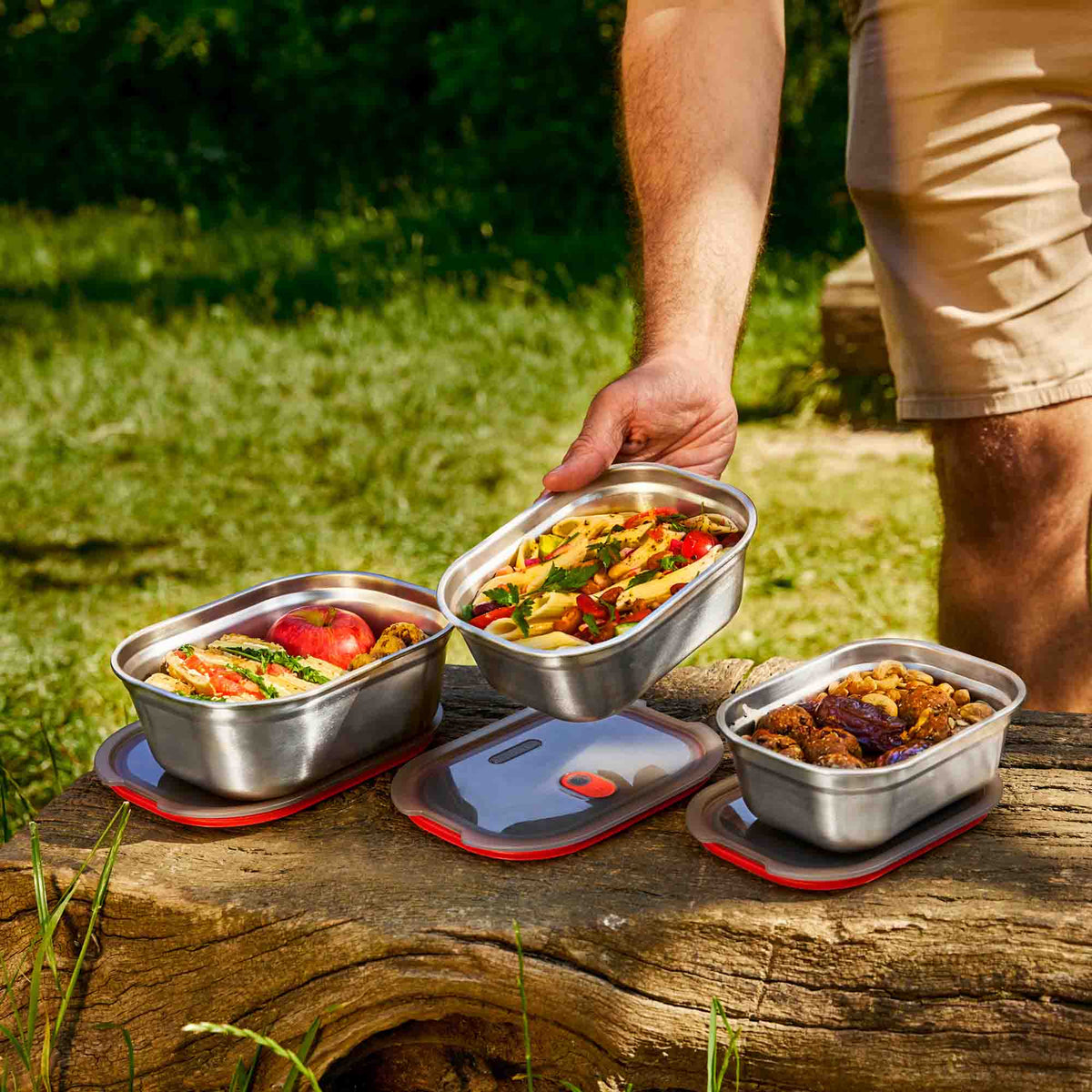 Black+Blum stainless steel rectangular multifunctional food storage container with lid, suitable for kitchen and pantry use.