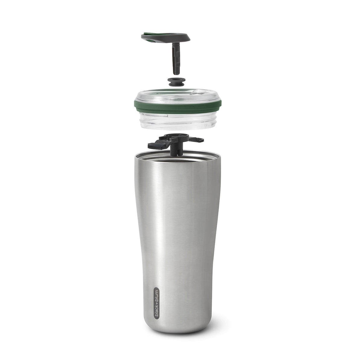 BLACK+BLUM travel tumbler insulated cup with black exterior and stainless steel interior, designed for hot and cold beverages.