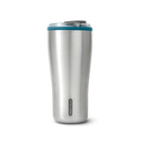 BLACK+BLUM travel tumbler insulated mug with black exterior, stainless steel interior, and secure lid for hot and cold drinks.