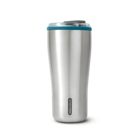 BLACK+BLUM travel tumbler insulated mug with black exterior, stainless steel interior, and secure lid for hot and cold drinks.