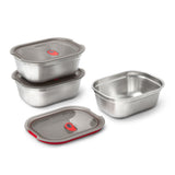 Black+Blum stainless steel multifunction storage containers, 3-piece set, with secure lids for versatile kitchen organization.
