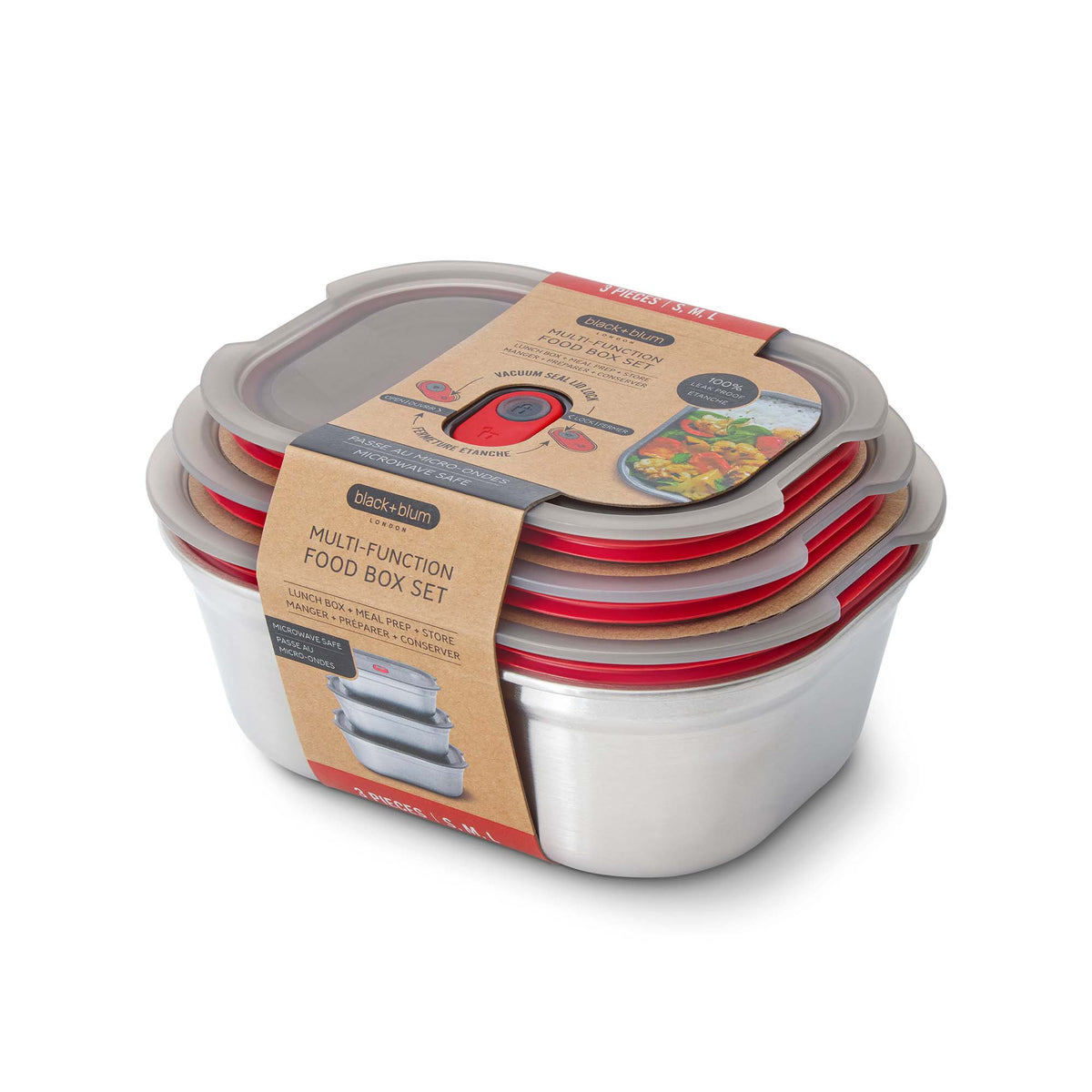 BLACK+BLUM multifunction storage canister set with three containers in 650ml, 900ml, and 1200ml sizes, made of durable material.