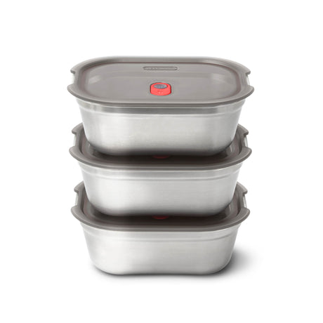Set of three BLACK+BLUM stainless steel multifunctional storage containers with secure lids.