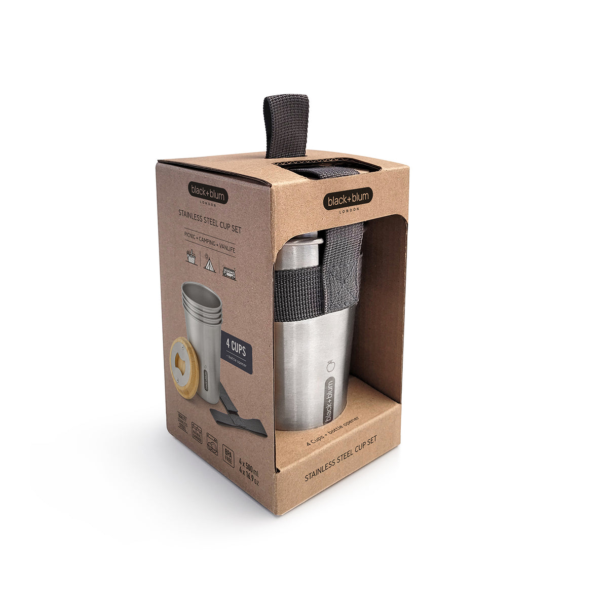 Black+Blum stainless steel Becher-Set for to-go lunch, four durable travel cups with secure lids and sleek design.