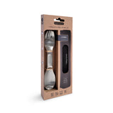 BLACK+BLUM Göffel set with four stainless steel sporks for to-go lunches, featuring sleek, durable design.
