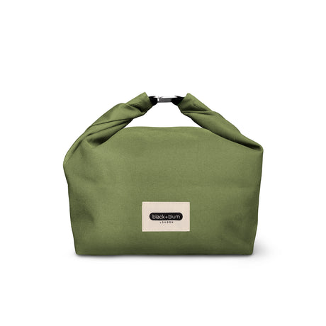 BLACK+BLUM lunchbag with black exterior and zipper closure, showing a compact design for carrying meals and snacks.