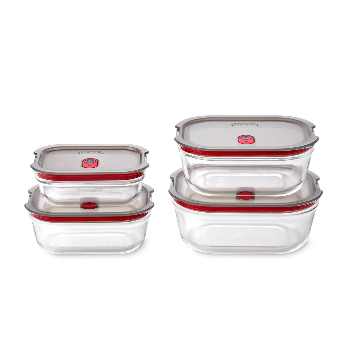 Black+Blum glass multifunction storage containers, 4-piece mix, with secure lids for kitchen organization and food storage.