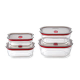 Black+Blum glass multifunction storage containers, 4-piece mix, with secure lids for kitchen organization and food storage.