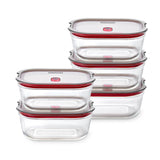 Set of five BLACK+BLUM glass multifunction storage jars with black lids, ideal for kitchen organization and food storage.