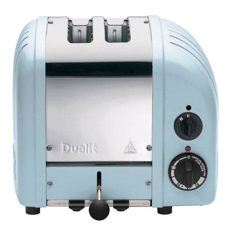 Dualit NewGen blue 2-slice toaster with modern design and control buttons, ideal for crisp, evenly toasted bread.