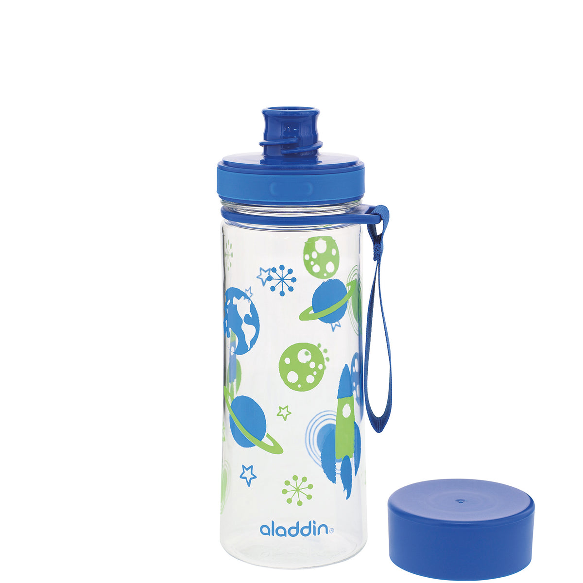 Blue ALADDIN FIRST AVEO Trinkflasche with 350 ml capacity, featuring a sleek design and secure lid for on-the-go hydration.
