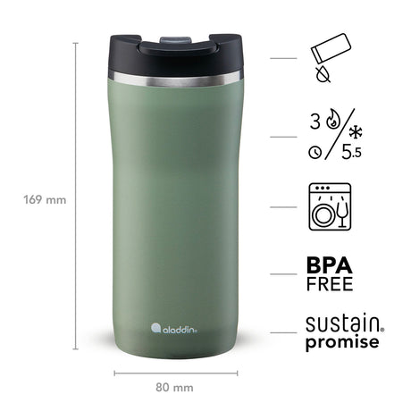 Green ALADDIN Barista thermobecher with 350 ml capacity, stainless steel travel mug with lid and ergonomic design.