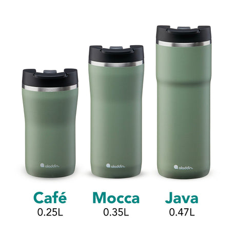 Salbei-colored Aladdin Barista Thermobecher in three sizes, stainless steel travel mug with secure lid and sleek design.