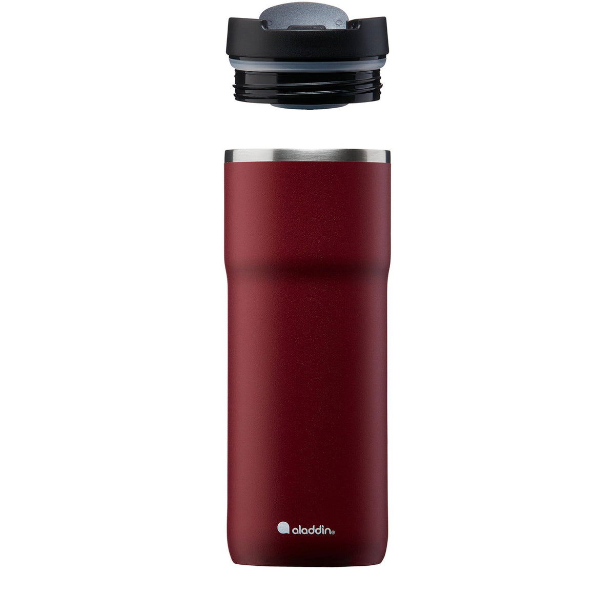 ALADDIN Barista burgundy thermobecher with 470ml capacity, stainless steel travel mug with lid and handle, suitable for hot beverages.